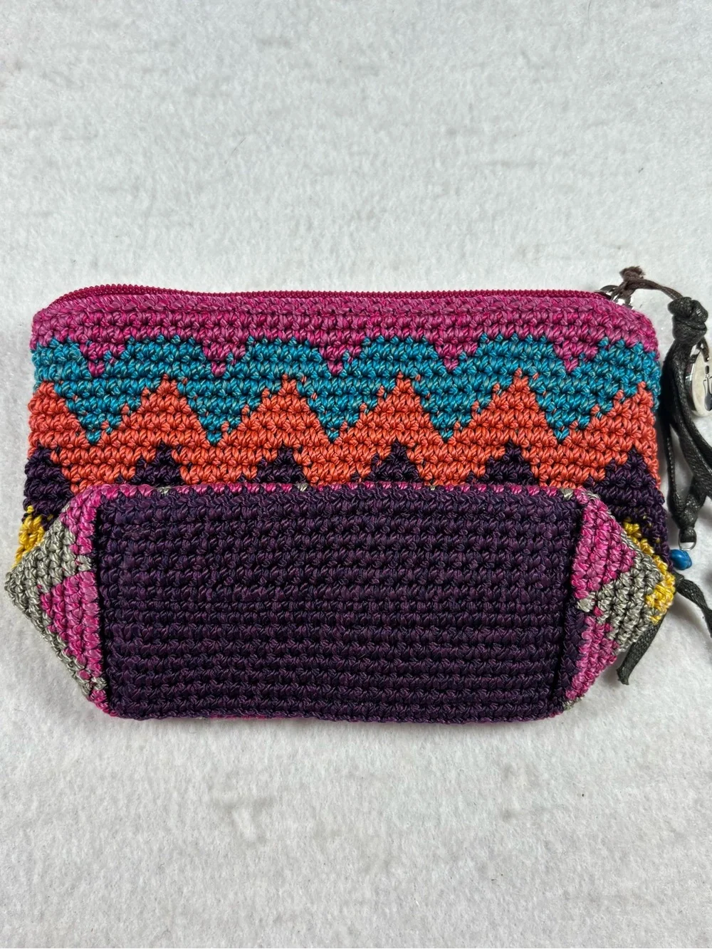 The Sak Colorful Crochet Zip Pouch Cosmetic Bag Boho Small Multi Color